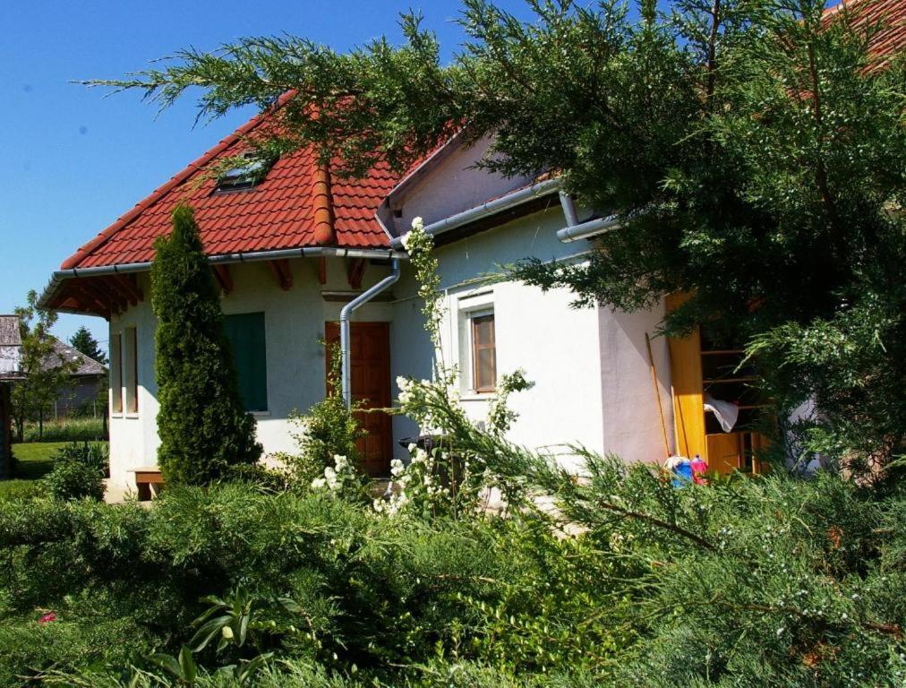 a small white house with a red roof at Gábor apartmanok in Abádszalók