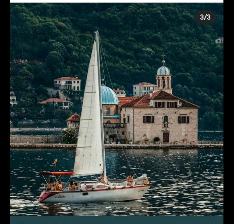 a sailboat in the water in front of a building at Apartment Villa Radovic II in Risan