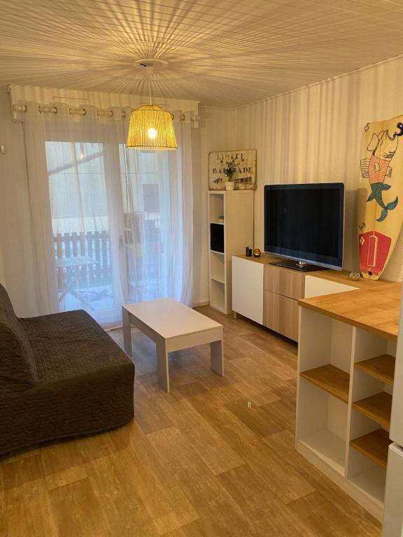 un salon avec un canapé et une télévision à écran plat dans l'établissement Joli appartement proche océan et centre ville, à Lacanau