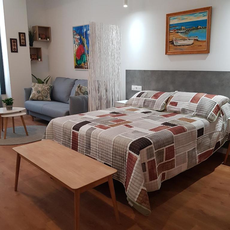a bedroom with a bed and a couch at ESTUDIO IDEAL 2 EN VIGO PARA VACACIONES Y TRABAJO in Vigo