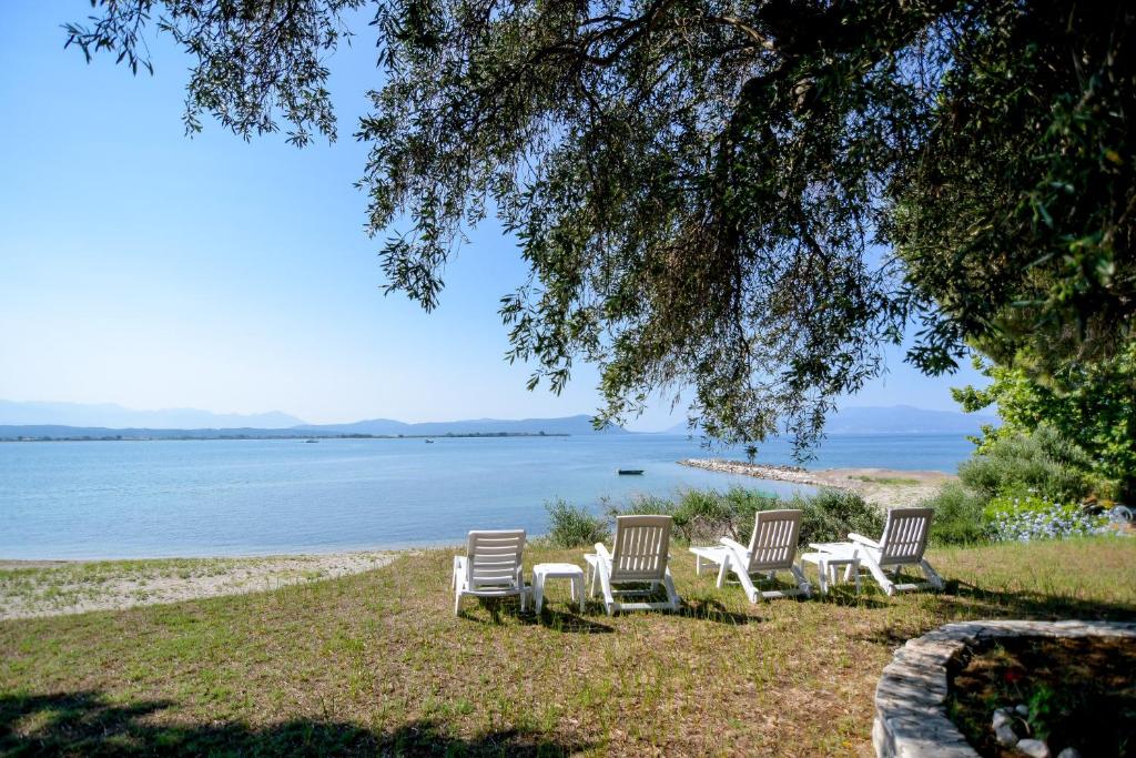 four chairs sitting on the grass near the water at Kiani Akti Villas in Preveza