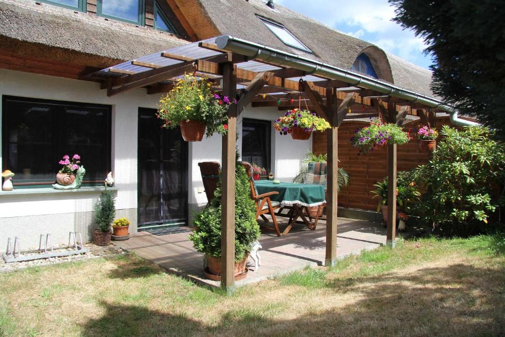 a wooden pergola with potted plants on a patio at Wohnen unter dem Rohrdach in Zempin