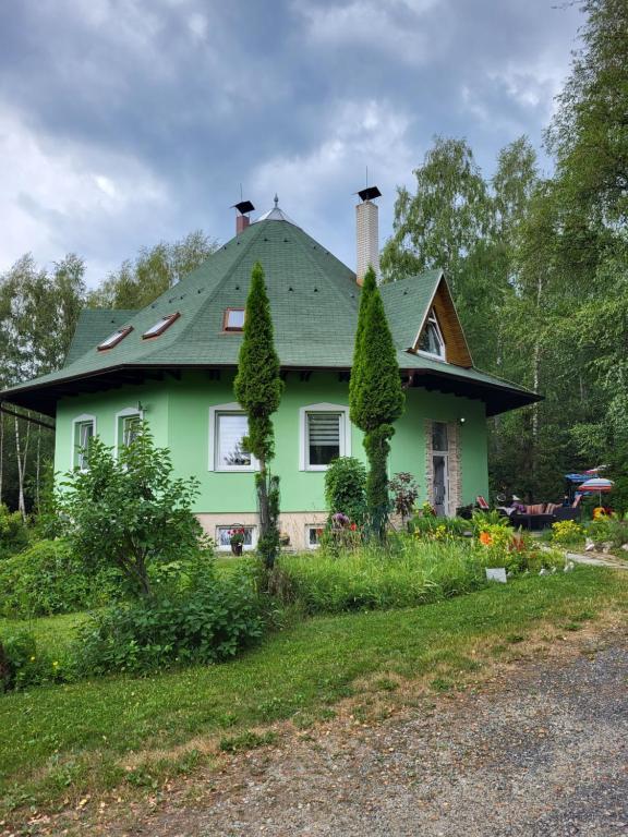 een groen huis met een groen dak bij Vila Elena in Stará Lesná