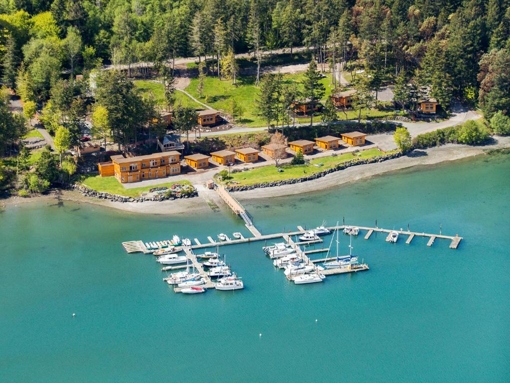 an aerial view of a marina with boats in the water at Snug Harbor Resort and Marina in Friday Harbor