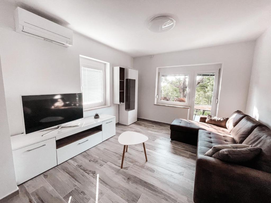 sala de estar con sofá y TV de pantalla plana en RIAD Apartments Premium, en Zgornje Škofije