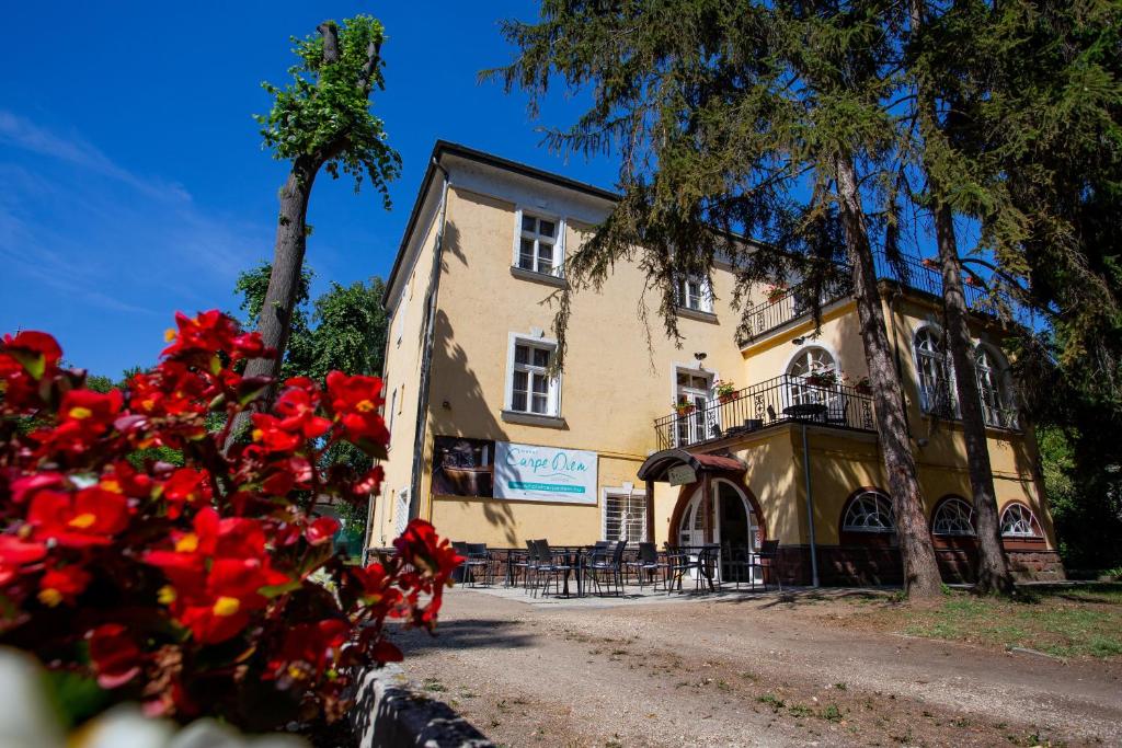 a building with red flowers in front of it at Hotel Carpe Diem in Siófok