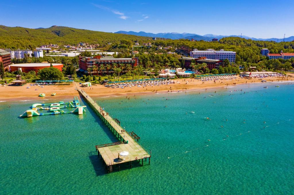 an aerial view of a beach with a pier at AQI Pegasos Club in Avsallar