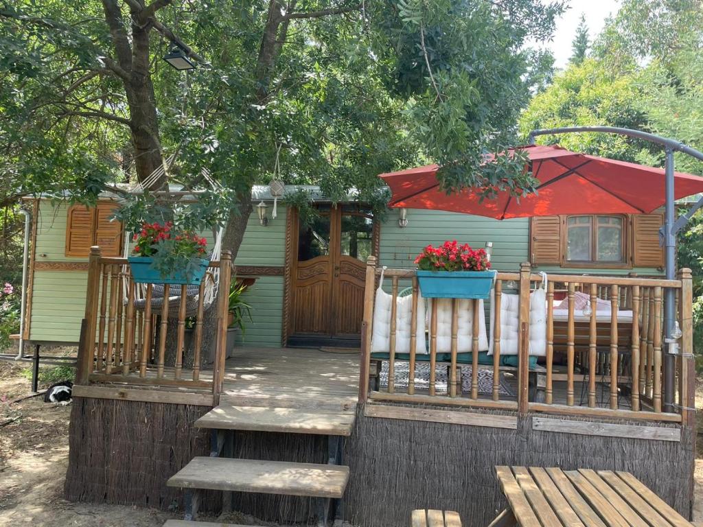 a green house with a porch with flowers on it at Roulotte en bois Sud France in Le Soler