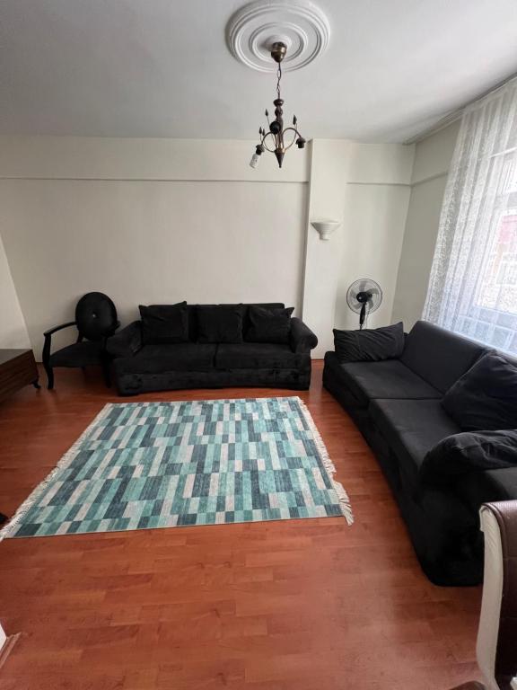 ein Wohnzimmer mit einem schwarzen Sofa und einem Teppich in der Unterkunft welcome in Istanbul
