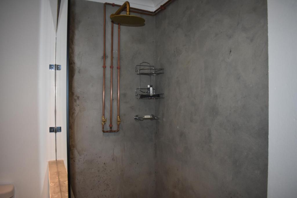 a bathroom with a shower stall with a shower at Langbeentjie Inn in Cape Town