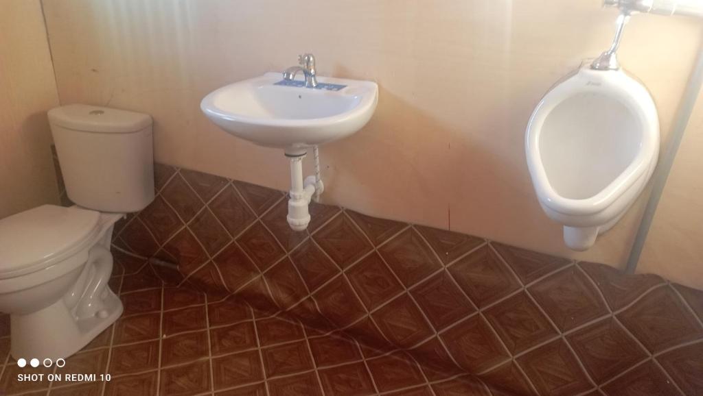 La salle de bains est pourvue de toilettes, d'un urinoir et d'un lavabo. dans l'établissement Uros Lodge Lover Titiqaqa, à Puno
