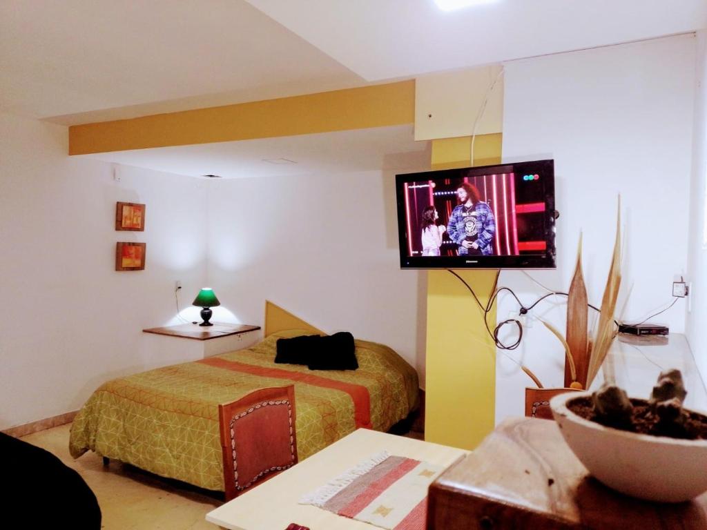 a bedroom with two beds and a tv on the wall at monoambiente huellas2 in La Rioja