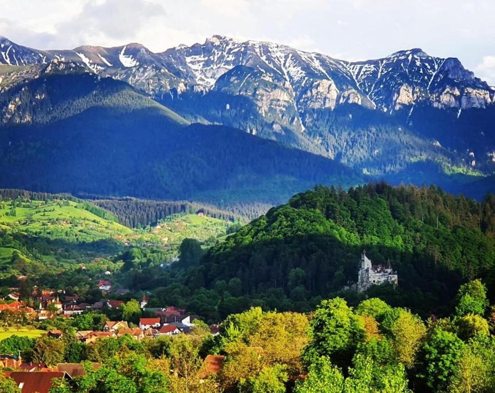 a town in a valley with mountains in the background at Transylvanian Inn in Bran
