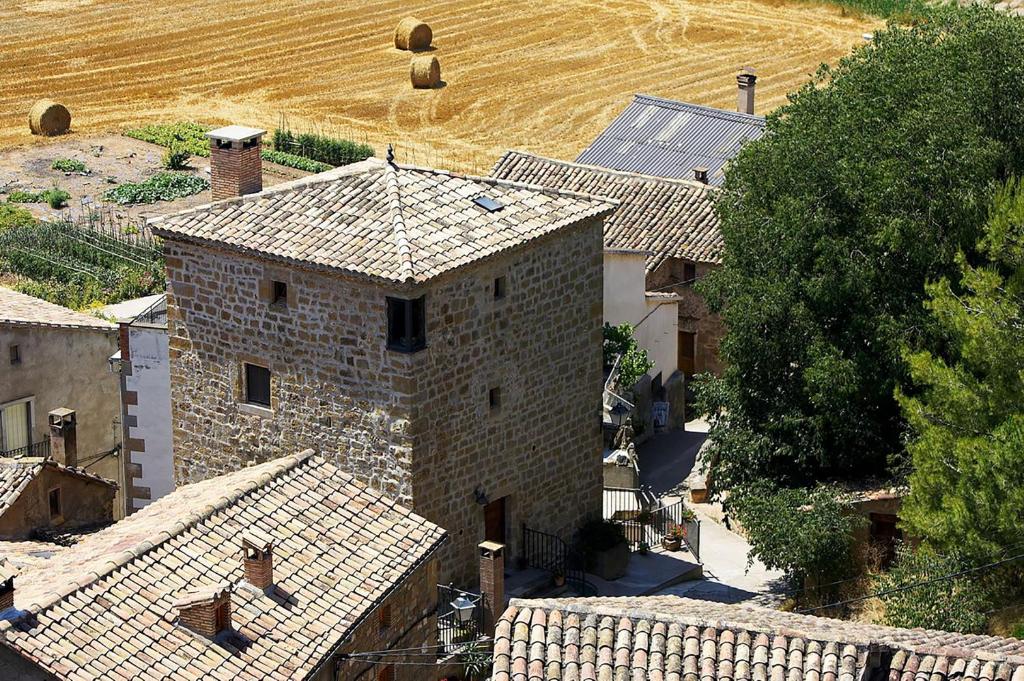 una vista aérea de un pueblo con casas y un campo en Castell d'Ogern, en Oliana