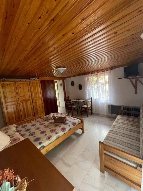 Mariaí的住宿－Plane TREE，一间卧室设有一张床和木制天花板