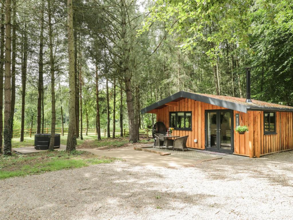 Cabaña de madera pequeña en un bosque con árboles en Lake View Lodge en Scarborough