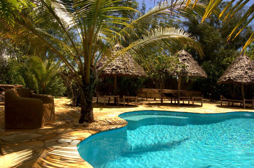 a swimming pool with a palm tree and some umbrellas at Demani Lodge Zanzibar in Paje