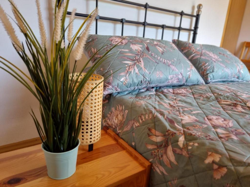 ein Schlafzimmer mit einem Bett und einem Tisch mit Pflanzen in der Unterkunft Pokoje Discovery Mazury in Mrągowo