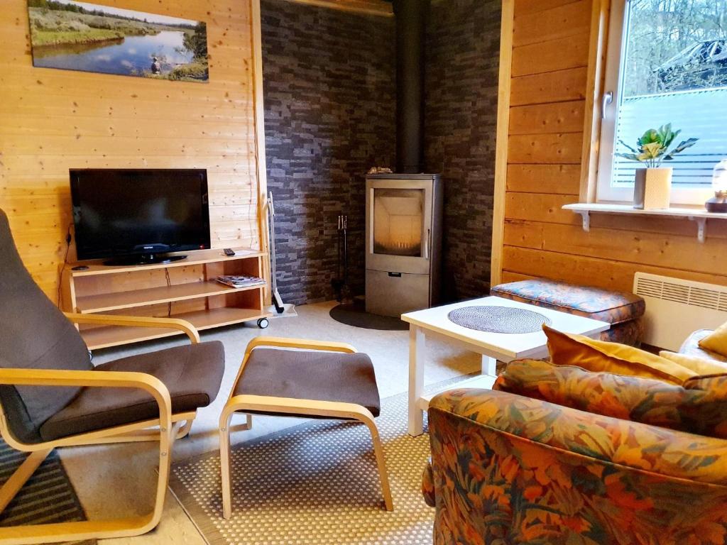 uma sala de estar com um sofá e uma televisão em Kultsjögården-Saxnäs- Marsfjäll 10 em Saxnäs