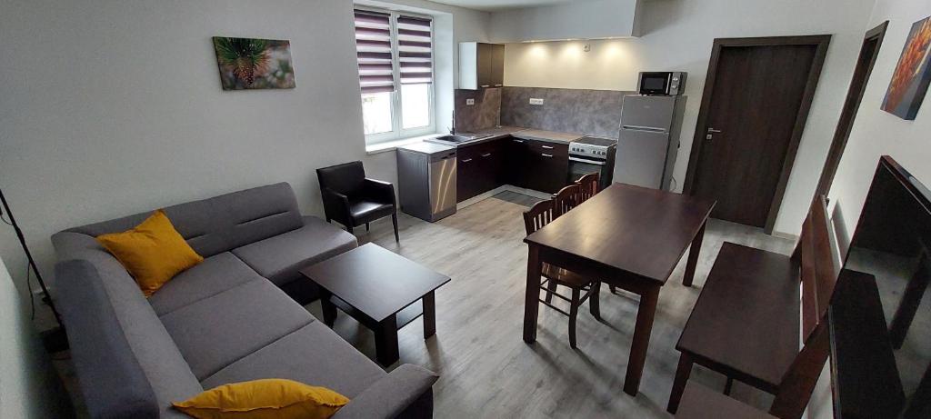 een woonkamer met een bank en een tafel en een keuken bij Penzion Šiškovna in Jívka