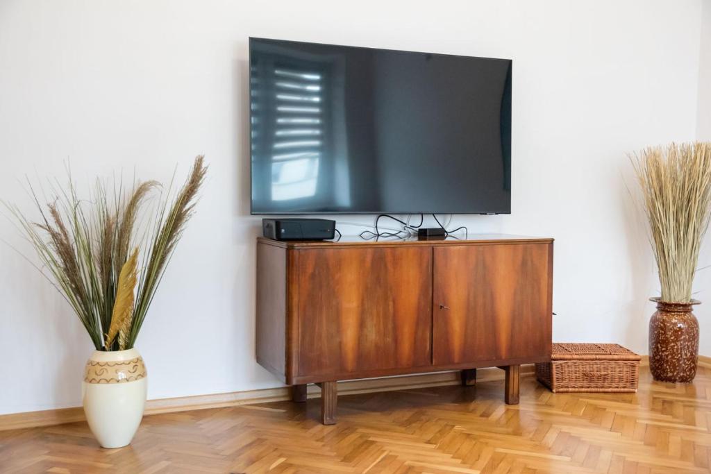 Televízia a/alebo spoločenská miestnosť v ubytovaní Metro Plac Wilsona Etno Apartament