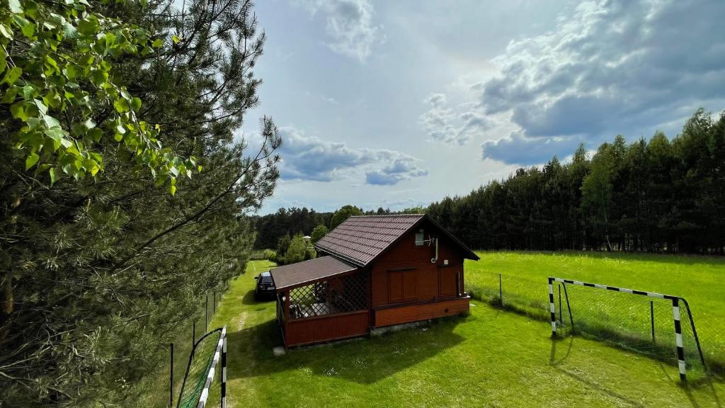 a small cabin in a field with a fence at Wittówka - domek na wyłączność z dala od sąsiadów in Tomaszów Lubelski
