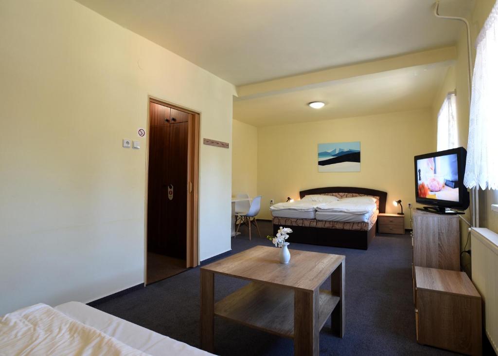 a hotel room with two beds and a tv at Hotel U Jezírka in Liberec