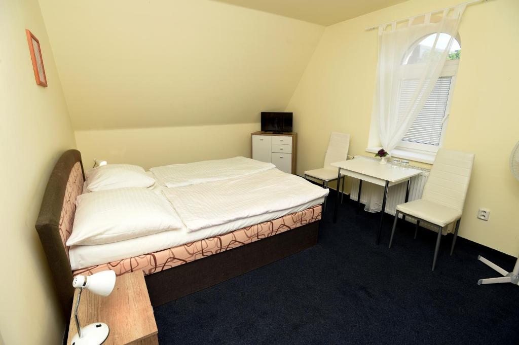 a bedroom with a bed and a table and chairs at Hotel U Jezírka in Liberec