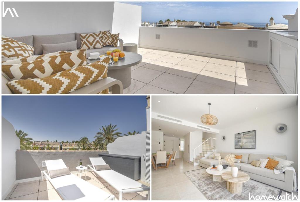 un collage de fotos de una sala de estar y una casa en el Holiday House hasta las playas en Las Dunes, Bahía de Marbella, en Marbella