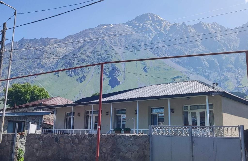 une maison avec une fresque murale sur le flanc d'une montagne dans l'établissement guest house lela rezo, à Kazbegi