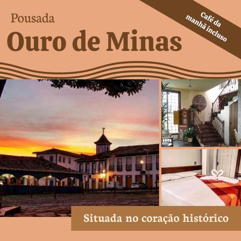 a collage of photos of a building with a sunset at Pousada Ouro de Minas Diamantina in Diamantina