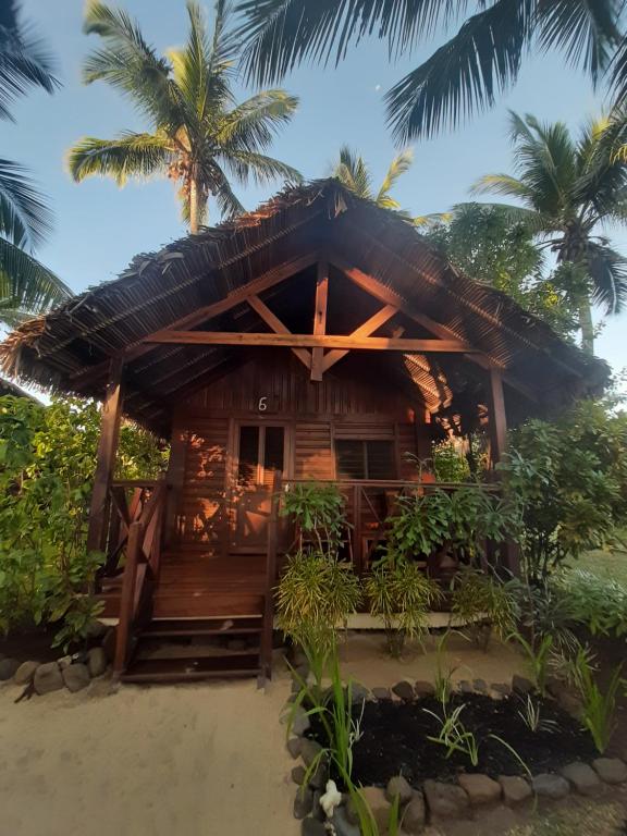 uma cabana na praia com uma palmeira em Le Moya Beach em Nosy Be