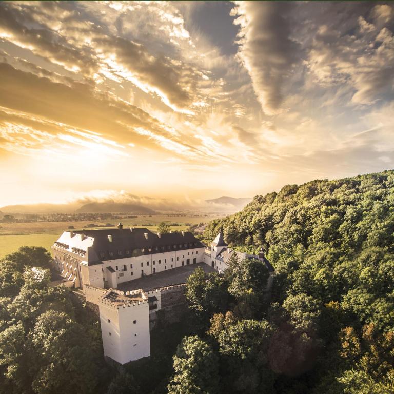 an aerial view of a castle in the trees at Hotel Grand Vígľaš in Zvolen