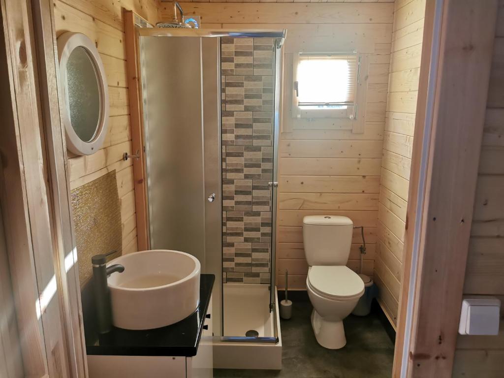 a bathroom with a toilet and a sink and a shower at Fioletowy in Niechorze
