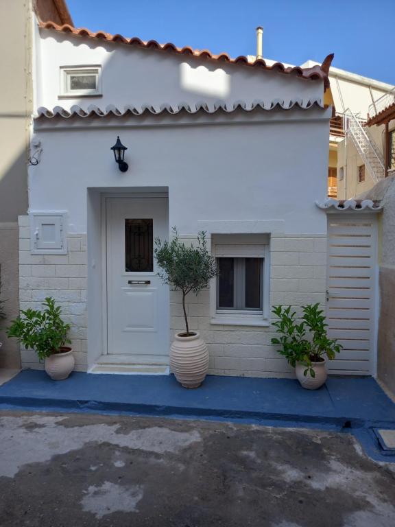 une maison blanche avec deux plantes en pot devant elle dans l'établissement APANEMA HOUSE, à Égine
