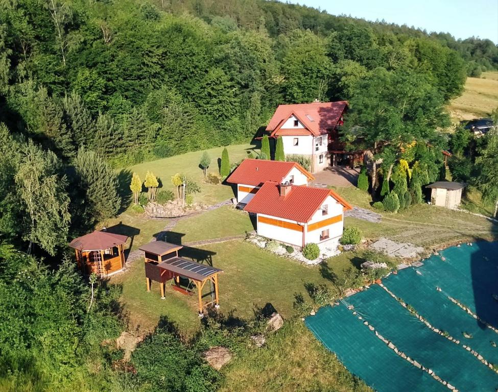 eine Luftansicht eines Hauses auf einem Hügel neben dem Wasser in der Unterkunft Zielone Wzgórze in Małastów