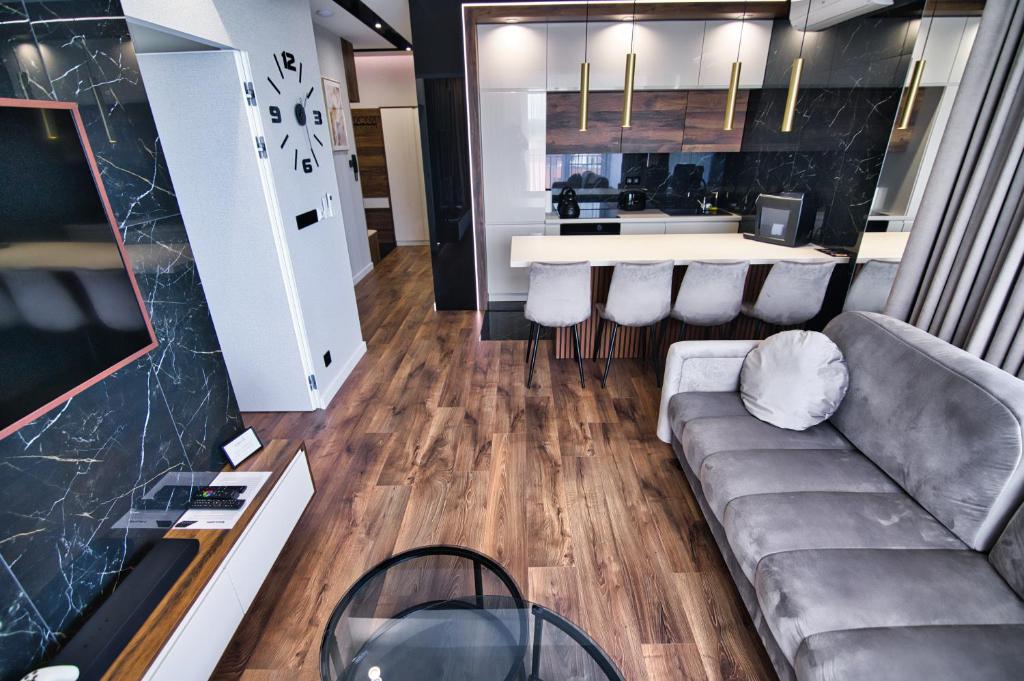 salon z kanapą i kuchnią w obiekcie Boutique 78 by Housine w Zatorze