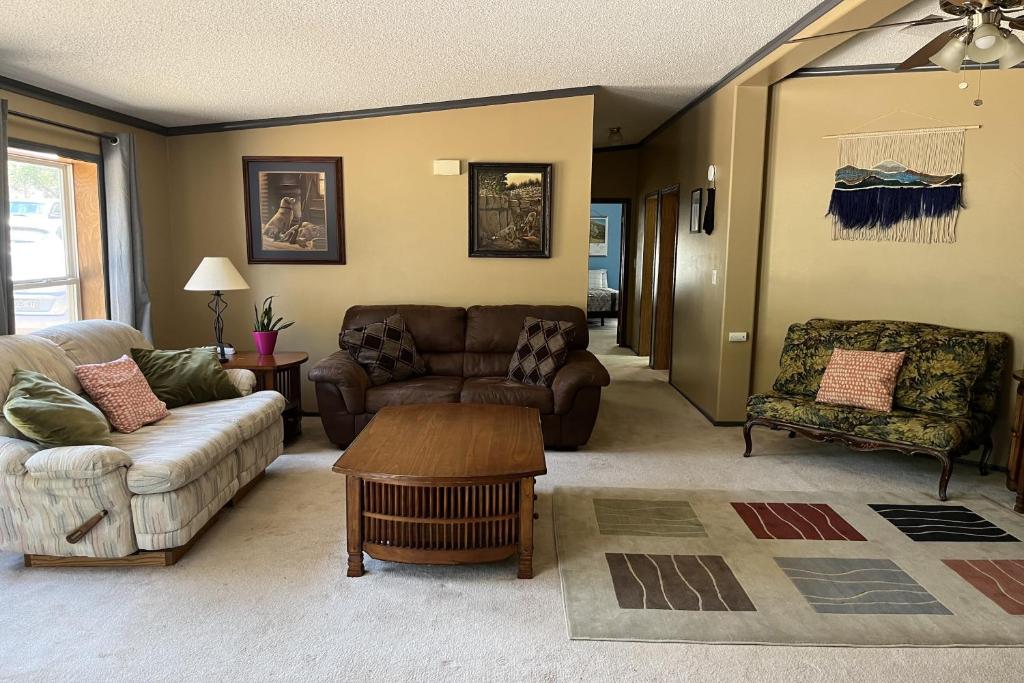 科羅拉多斯普林斯的住宿－Rocky Mountain Rustic，带沙发和咖啡桌的客厅