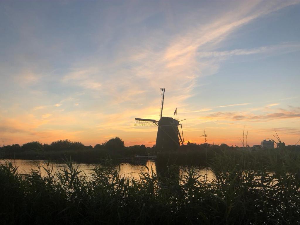 a windmill in a field with the sunset in the background at Chalet aan de Rotte in Rotterdam