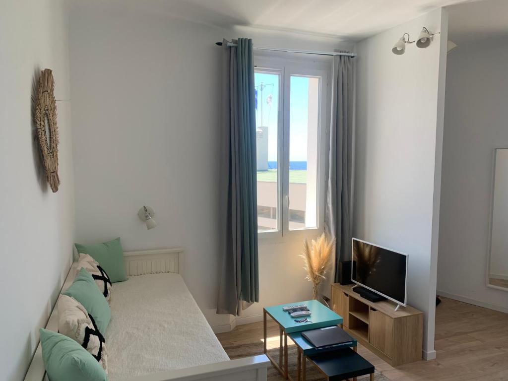 a living room with a couch and a tv and a window at Studio le Monroe les pieds dans l'eau 10 m de la mer in La Seyne-sur-Mer