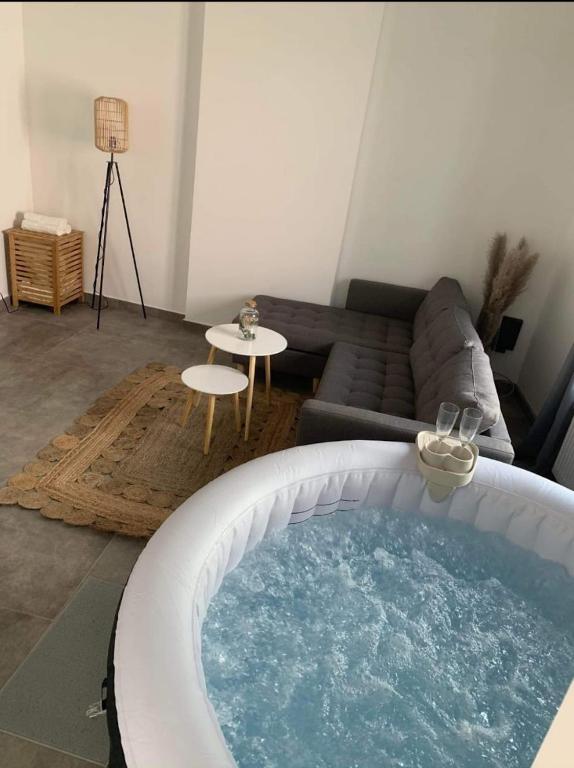 a bath tub in a living room with a couch at Sweet Grey SPA in Liège