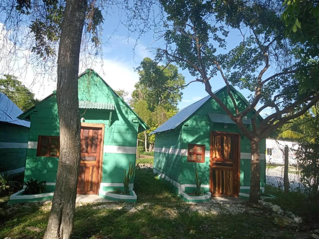 a green cottage with two doors and trees at cabañas kukulkan in Xpujil