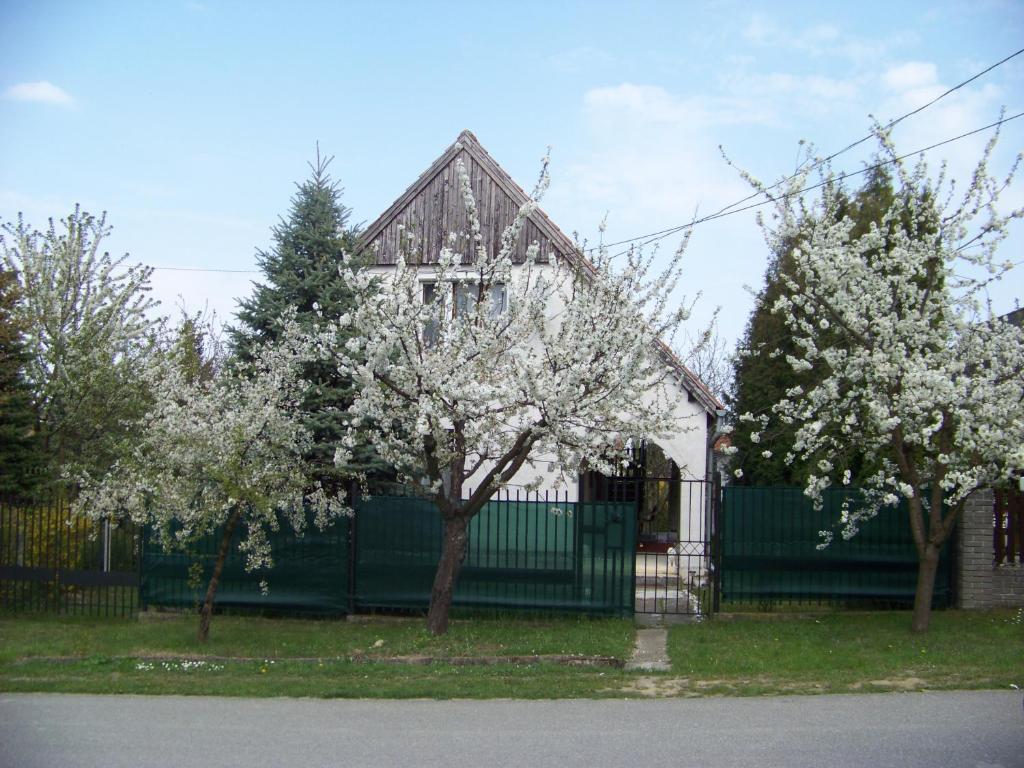 een huis met bloeiende bomen voor een hek bij Nefelejcs Apartman in Fertőhomok