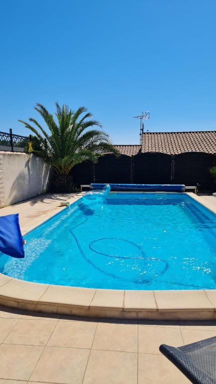a large blue swimming pool with a palm tree at Suite Harlequin in Cournonterral