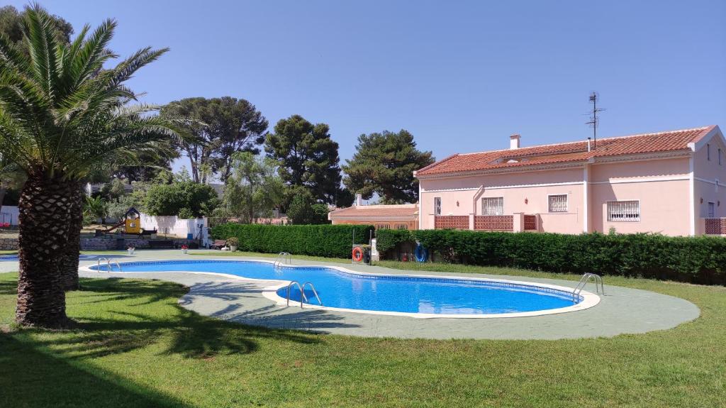 una piscina in un cortile con una palma di Apartamento Bellavista a Salou