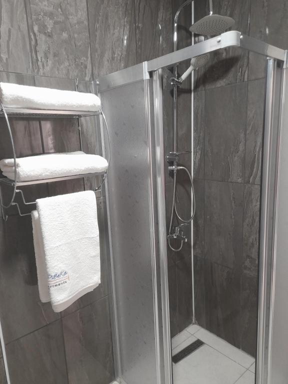 um chuveiro com uma porta de vidro e uma toalha em Kardelen Otel em Bodrum City
