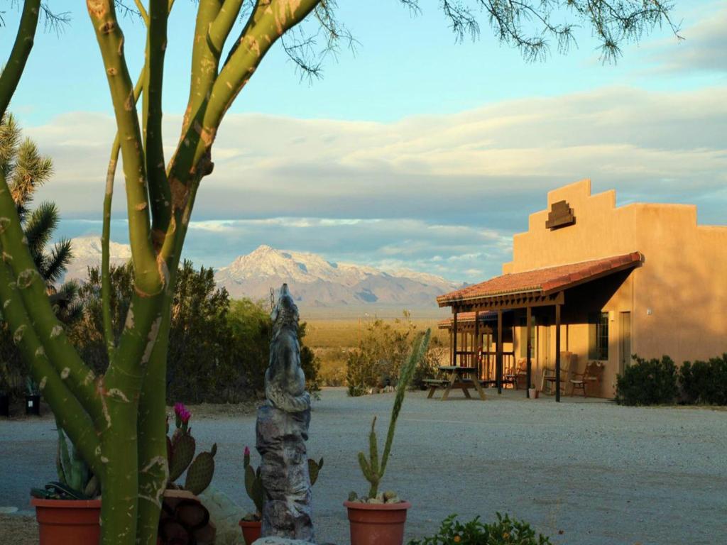 un edificio en el desierto con una montaña en el fondo en Stagecoach Trails Guest Ranch, en Yucca