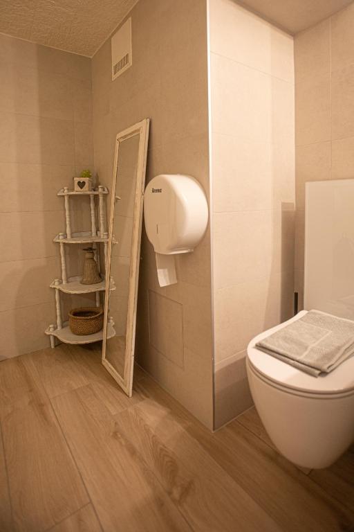 uma casa de banho com um WC branco e uma prateleira em Studio SIEVA em Lausana