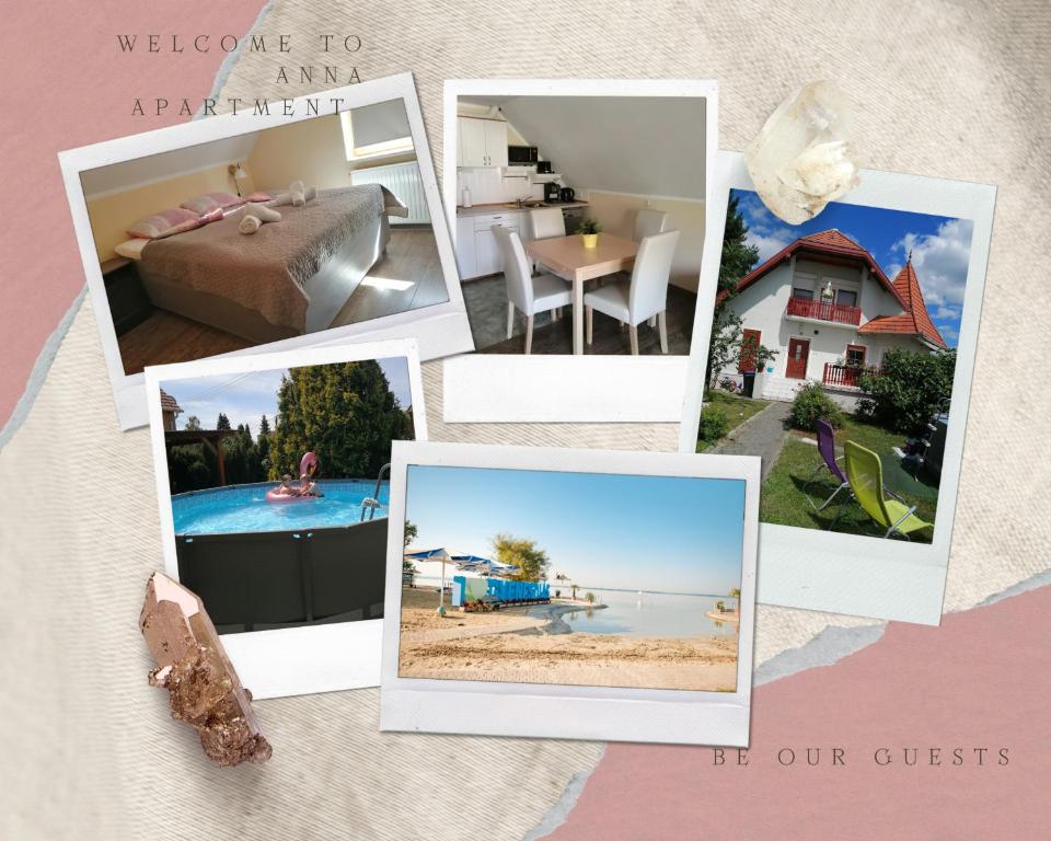 a collage of photos of a house at Two bedroom apartment with swimming pool in Gyenesdiás