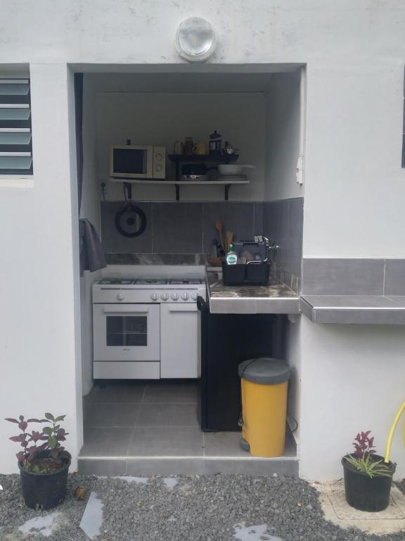 Kuchyň nebo kuchyňský kout v ubytování Chambre avec cuisine et SDB semi-privatives separées dans un ecrin de verdure